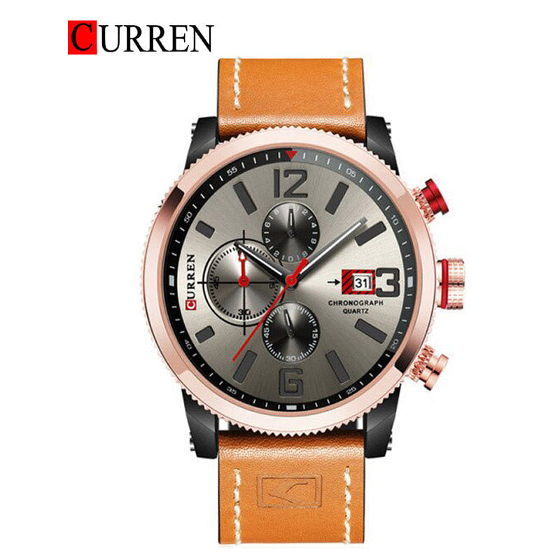 CURREN 8281 Original Brand Leather Straps Wrist Watch For Men - Brown and Silver