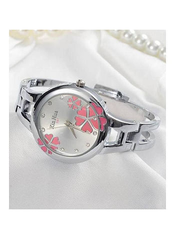 XinHua Women Stainless Steel Elegant Quartz Analog Wrist Watch Flower Design Bracelet -Silver-Pink