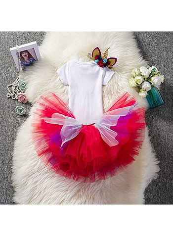 We Happy 4 Pieces 1st Birthday Baby Girl Costume Set, Newborn Princess ONE Printed Dress for Theme Party Photoshoot, Unicorn Bodysuit with Tutu Skirt, Cake Topper and Floral Headband - Red, 1 Year