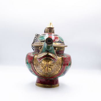 Exquisite Teapot Brass Turquoise Lapis Coral Lab Created Gemstone Handmade Nepal Tibetan Style Kettle