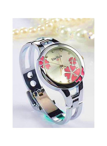 XinHua Women Stainless Steel Elegant Quartz Analog Wrist Watch Flower Design Bracelet -Silver-Pink