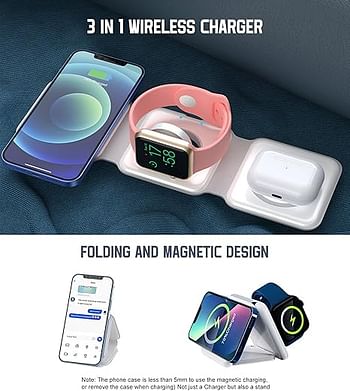 Wireless Charger Foldable 3 in 1 Magnetic Fast Wireless Charging Pad Station Charger Travel Charger for Multiple Devices for iPhone 14/13/12 Series, AirPods 3/2/Pro, iWatch