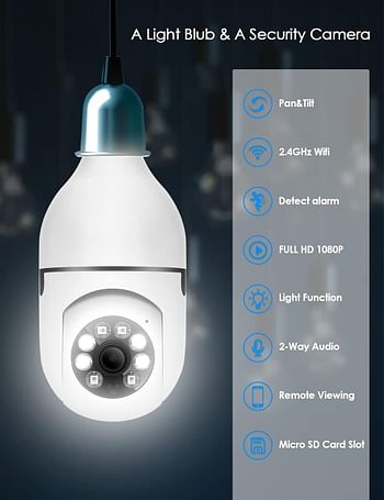 Light Bulb Security Camera, Full-HD 1080P 360 Degree Panoramic 2.4Ghz Wireless WiFi Camera,with Infrared Night Vision & Motion Detection & 2-Way Audio Home Camera for Baby/Elder/Pet