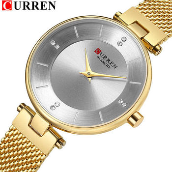 Curren 9031 Original Brand Stainless Steel Band Wrist Watch For Women / Gold and White Dial