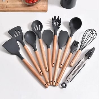 12 pcs Kitchen Cooking Utensils Set Silicone | Heat Resistant | Kitchen Utensils with Wooden Handle and Holder | Easy to Clean | Tongs, Spatula, Whisk, Spoon, Brush (Black)