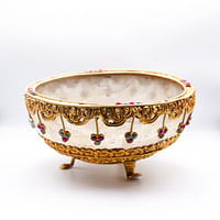 Antique Tibetan Style Gold Plated Gilt Filigree, Ruby And Emerald Mounted Rock Crystal Bowl