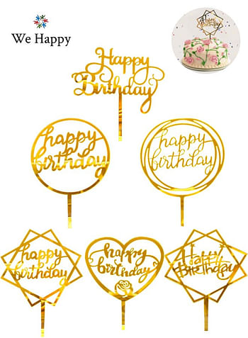 We Happy 6 Pcs Happy Birthday Cake Toppers Set Mirrored Acrylic Cupcake Topper Perfect for Decorations or Party Supplies