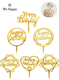 We Happy 6 Pcs Happy Birthday Cake Toppers Set Mirrored Acrylic Cupcake Topper Perfect for Decorations or Party Supplies