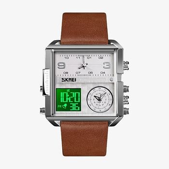 SKMEI 1584 Men's Multifunction Square Dial Digital Analog LED Chronograph Leather Strap Wristwatch