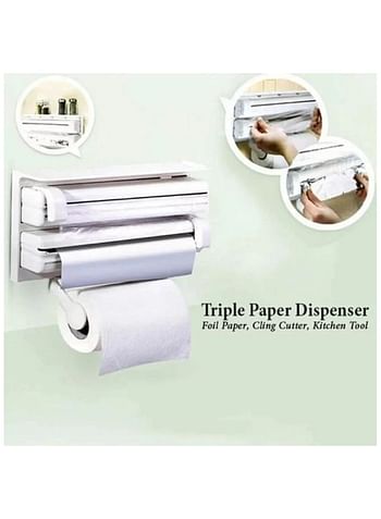 Rylan 3 in 1 Kitchen Triple Paper Dispenser & Holder Paper Foil Cling Wrap - 3 in 1 Wrap Centre Holds Silver Foil Plastic Wrap and Paper Towels-White