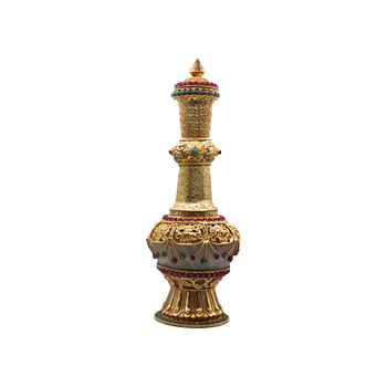 Pair of Golden Plated Vase with Crystal quartz, Rubies and Emeralds Gemstones Gold Gilted Flower Vase Antique Home Decoration Cultural Surahi Handicraft in Nepal