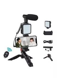 Smartphone Vlogging Tripod Kit With Fill Light, Microphone, And Phone Clip For YouTube/Tiktok/Instagram/Fitness Yoga Black.