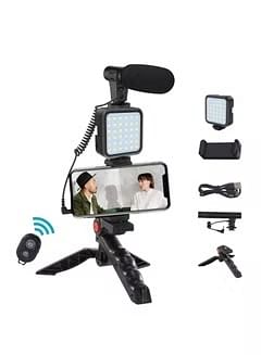 Smartphone Vlogging Tripod Kit With Fill Light, Microphone, And Phone Clip For YouTube/Tiktok/Instagram/Fitness Yoga Black.