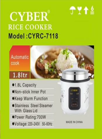 Automatic Rice Cooker 3 in 1 Functions Non-Stick Inner Pot Stainless steel steamer Automatic Shut Off with Overheat Protection 1.8L CYRC7118