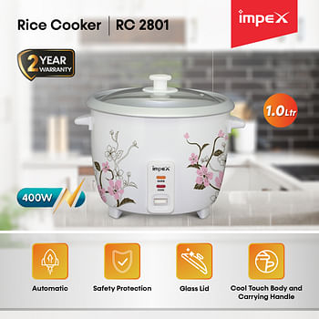Impex RC 2801 1 Ltr 400W Electric Rice Cooker featuring Automatic cooking