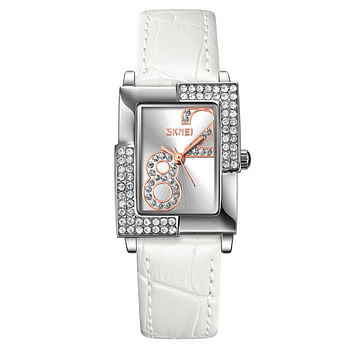 SKMEI 9289 Japan Quartz Movement Watch Women Luxury Rhinestone Time Scale Ladies Wristwatches - White