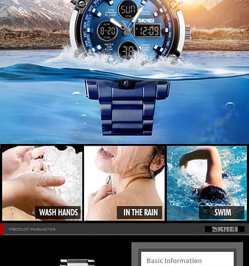 SKMEI 1389 Digital Watch Men Quartz Sport Watch Luxury Business Stainless Steel Strap Analog & Digital Men Watches - S/BE