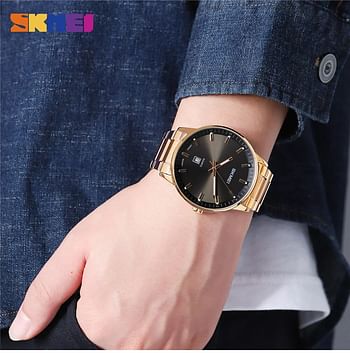 SKMEI 1878 Mens Watches Top Brand Luxury Stainless Steel Strap 3Bar Waterproof Date Time Watch Quartz Wristwatch - Rose Gold