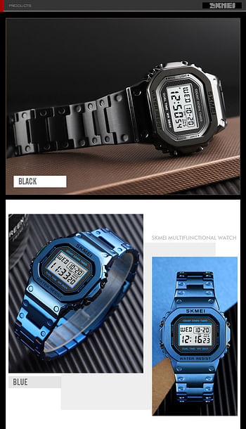New SKMEI 1456 Outdoor Sport Chronograph LED Light Stainless Steel Countdown Digital Watch For Men - Black