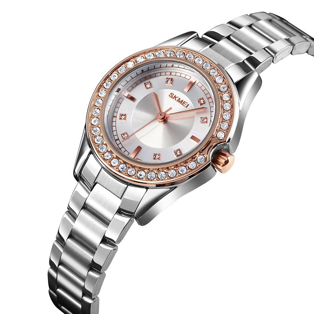 Skmei 1534 Fashion Inlay Case 3Bar Waterproof Stainless Steel Strap Women Quartz Watch Innovative Design Rhinestone RG