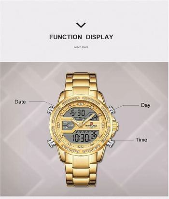 Neviforce NF9190 Dual Time Multifunction Luxury Stainless Steel Watch For Men- Gold