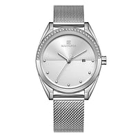 NAVIFORCE NF5015 Ladies Stainless Steel Mesh Crystal Date Display Quartz Watch - Silver