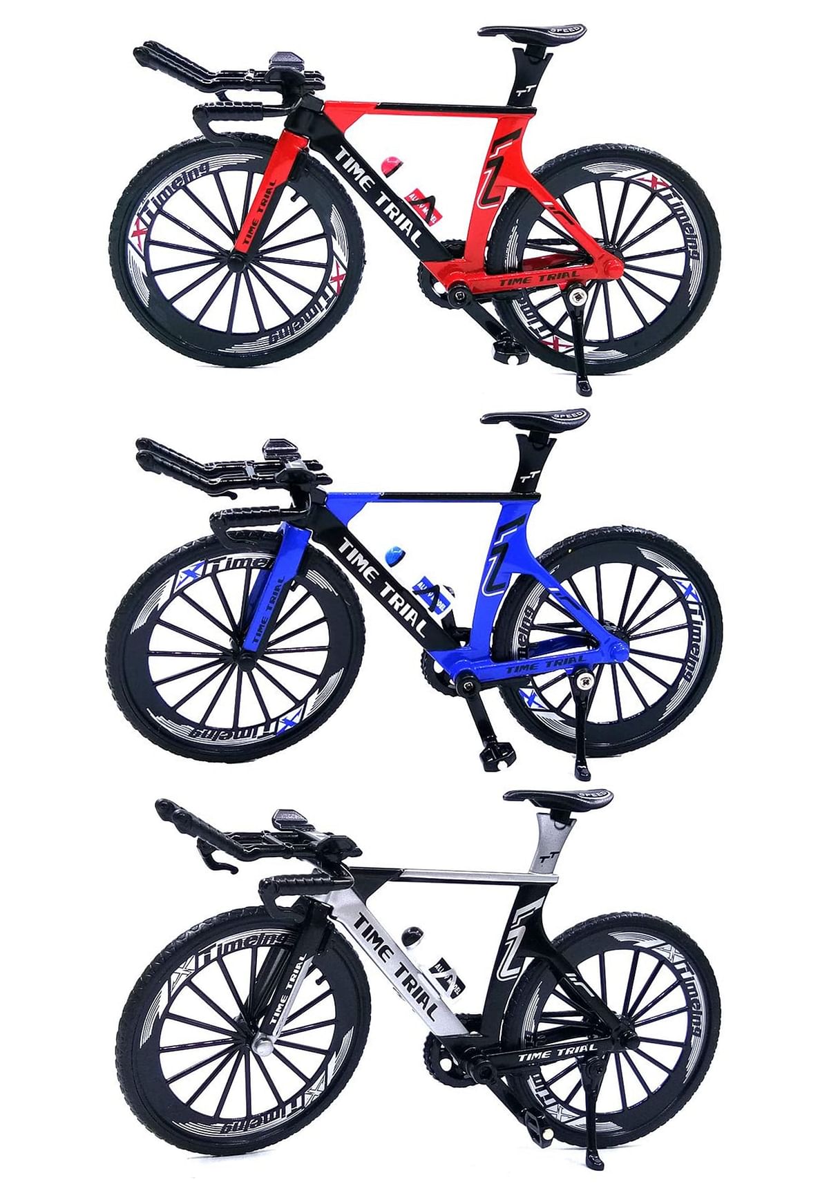 3 Pcs Trio - Die-Cast Racing Miniature Mountain Bikes Collection Toy | Perfect Gift For Kids - Red Blue & White