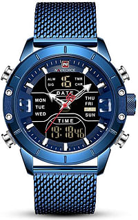 NAVIFORCE Men Watch Waterproof Multifunction LED Digital Quartz Wrist Watches Stainless Steel Mesh Strap blue