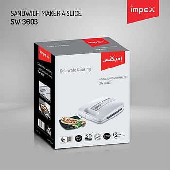 Impex  1400 Watt Portable Electric Sandwich Maker 4 Slice with Cool Touch Housing Non Stick Coating Plate, White