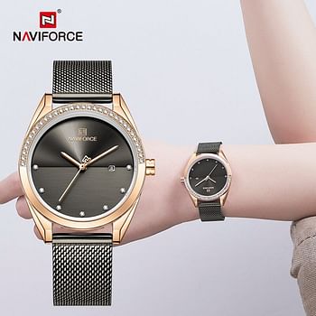 NAVIFORCE NF5015 Ladies Stainless Steel Mesh Crystal Date Display Quartz Watch - RG-S