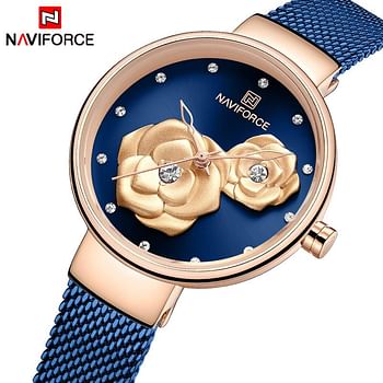 Neviforce Women's Black Dial Stainless Steel Mesh Chronograph Watch NF5013 Rose Gold Blue