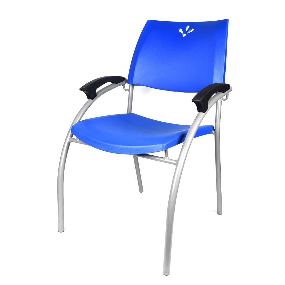 Plastic dining chair with metal frame and arm rest - blue