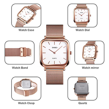 SKMEI 1555 Elegant Stainless Soft  Straps Modern Luxury Watchs  Lady Gift Set - Rose Gold