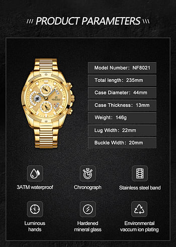 NAVIFORCE NF8021 Multifunction Men Luxury Chronograph Quartz Watch Waterproof Date Stainless Steel Sport Luminous Hands Fashion -G/GN