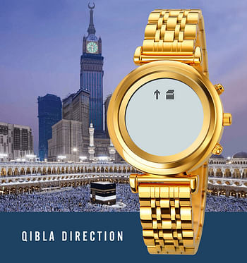 SKMEI 1892 Stainless Steel Back Digital Muslim Alfajr Azan Prayer Wrist Watch Qibla Direction For Women & Men - Gold