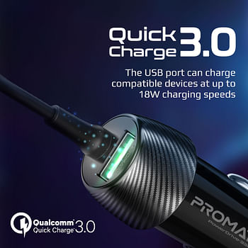 Promate USB-C Car Charger with QC 3.0 Port, 33W USB-C Power Delivery and Coiled Cable,