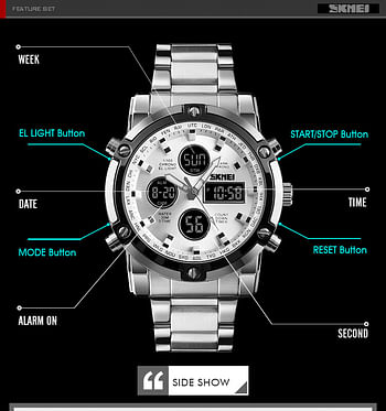 SKMEI 1389 Digital Watch Men Quartz Sport Watch Luxury Business Stainless Steel Strap Analog & Digital Men Watches - S/B