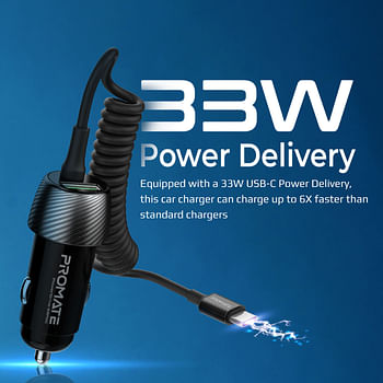 Promate USB-C Car Charger with QC 3.0 Port, 33W USB-C Power Delivery and Coiled Cable,