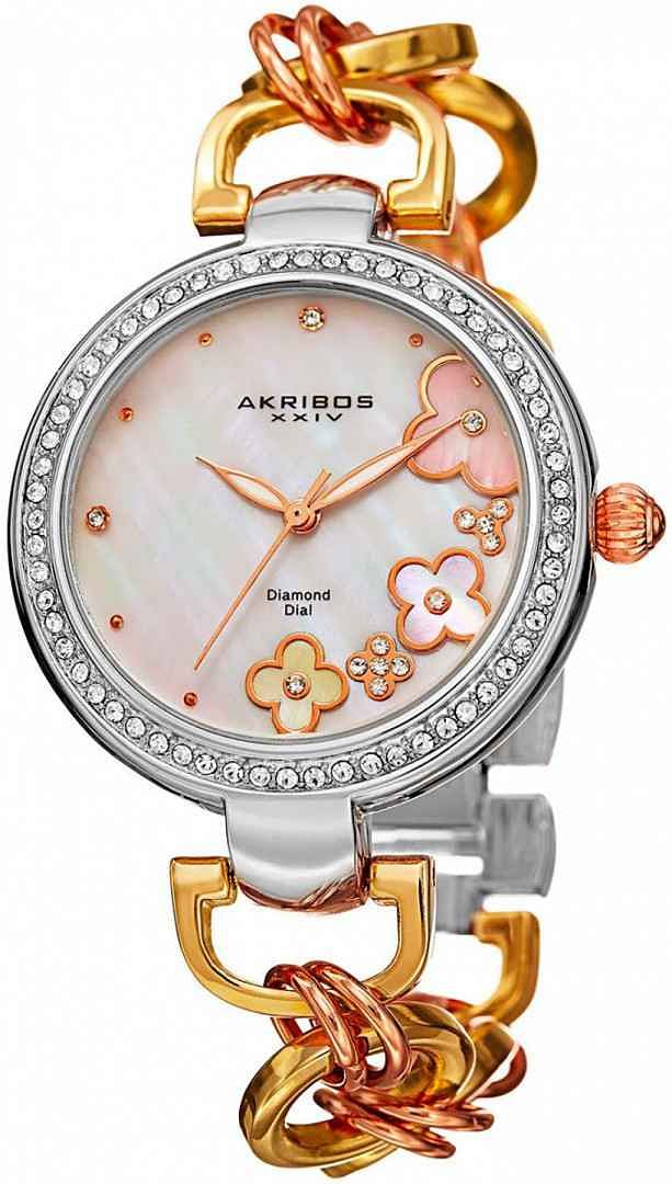 Akribos XXIV Women s Mother of Pearl Diamond Dial Stainless Steel Band Watch AK874TRI