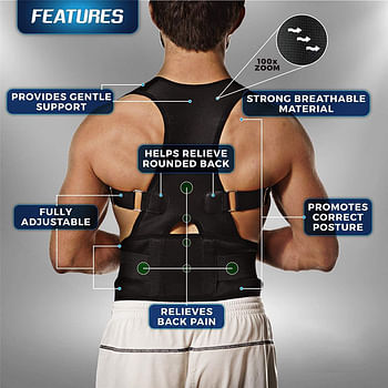 Back Brace Posture Corrector - Medical Grade Fully Adjustable Support Brace - Improves Posture and Provides Lumbar Support - for Lower and Upper Back Pain - Men and Women