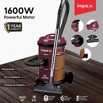 Impex  1600W Vaccum Cleaner Blower function Telescopic metal tube Low noise level Convenient carrying handle