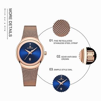 Naviforce NF5004 Luxury Designer Women's Watch Milanese Stainless Steel Ladies Watch with Date Display - Blue, Gold