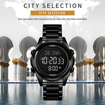 Skmei Muslim Digital Watch for Prayer Qibla Compass Hijri Calendar Quran Bookmark City Selection Function Date Week Alarm Backlight 3ATM Waterproof Men Azan Watches Islamic Wristband Men's Rose Gold