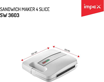 Impex  1400 Watt Portable Electric Sandwich Maker 4 Slice with Cool Touch Housing Non Stick Coating Plate, White