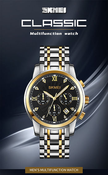 SKMEI 1904 Japan Quartz Movement Watch Men Three Eyes Wristwatches Male Stainless Steel Strap Stopwatch Date Clock - SG-W