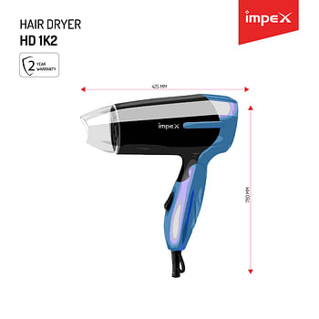 Impex HD 1K2 2000W Fast Drying and Styling Compact Design Hair Dryer with Heat Selector Narrow Concentrator Overheat Protection, Blue