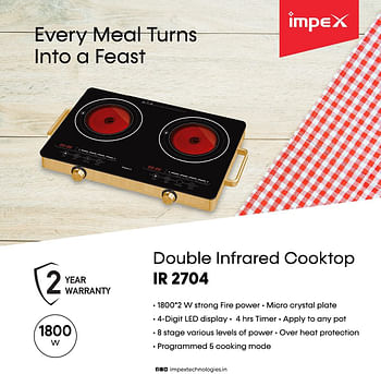 Impex  1800W Double Infrared Cooktop with Touch Sensor Timer 5 Cooking Modes 8 Stage Power Overheat Protection