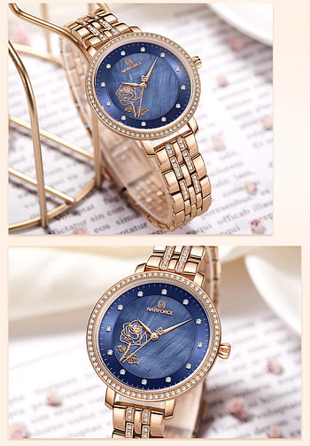 NAVIFORCE NF5017 Casual Diamond Surrounded Stainless Steel Rose Relief Watch For Women - RG/BE