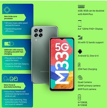 SAMSUNG Galaxy M33 5G Mobile Phone 6GB RAM 128GB Storage Mystique Green