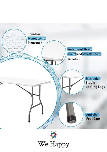 We Happy Folding Table - Foldable Heavy Duty Plastic Table for Indoor & Outdoor Parties, Picnic, Camping, Wedding BBQ Catering, Garden Dining - Fold-In-Half Portable Utility Table - White - 6ft